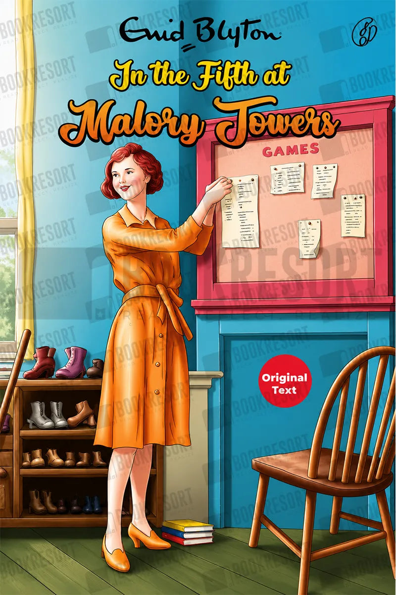 Illustrated book cover for 'In the Fifth at Malory Towers' by Enid Blyton, showing a woman in an orange dress writing on a bulletin board in a blue room, with a chair, shelves, and books.