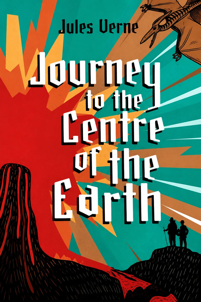 Book cover for 'Journey to the Centre of the Earth' by Jules Verne, featuring bold white title text over a retro-style illustrated background with red, teal, orange, black, and yellow shapes.