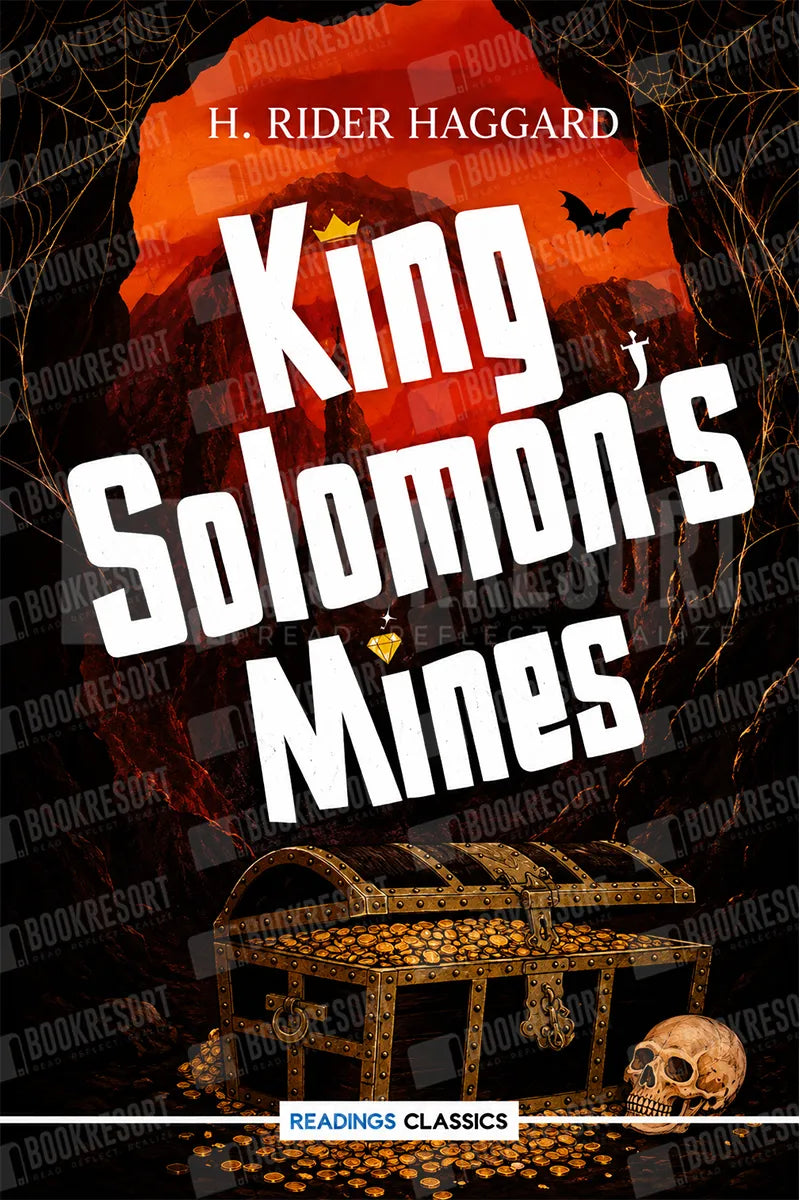 Book cover for 'King Solomon's Mines' by H. Rider Haggard, featuring large white title text over a dark cave scene with an orange sky, treasure chest, skull, and gold coins.