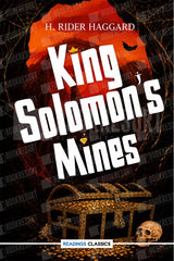 Book cover for 'King Solomon's Mines' by H. Rider Haggard, featuring large white title text over a dark cave scene with an orange sky, treasure chest, skull, and gold coins.