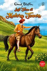Book cover for 'Last Term at Malory Towers' by Enid Blyton, featuring an illustration of a girl in a yellow jacket riding a brown horse across a green hillside toward a blue sea under a cloudy sky.