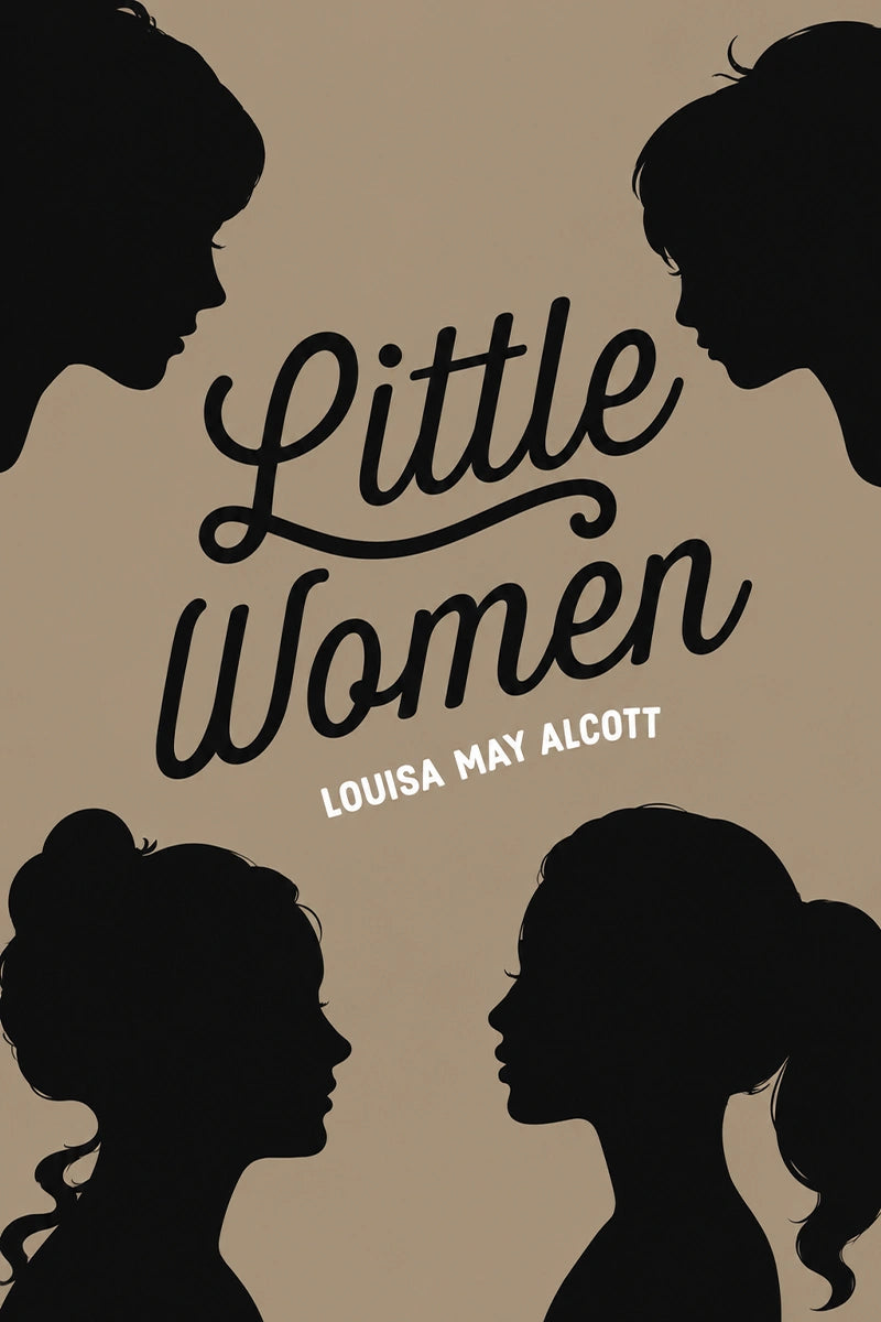 Book cover for 'Little Women' by Louisa May Alcott, featuring black silhouettes of four women's profiles around stylized black script title text on a warm tan background.