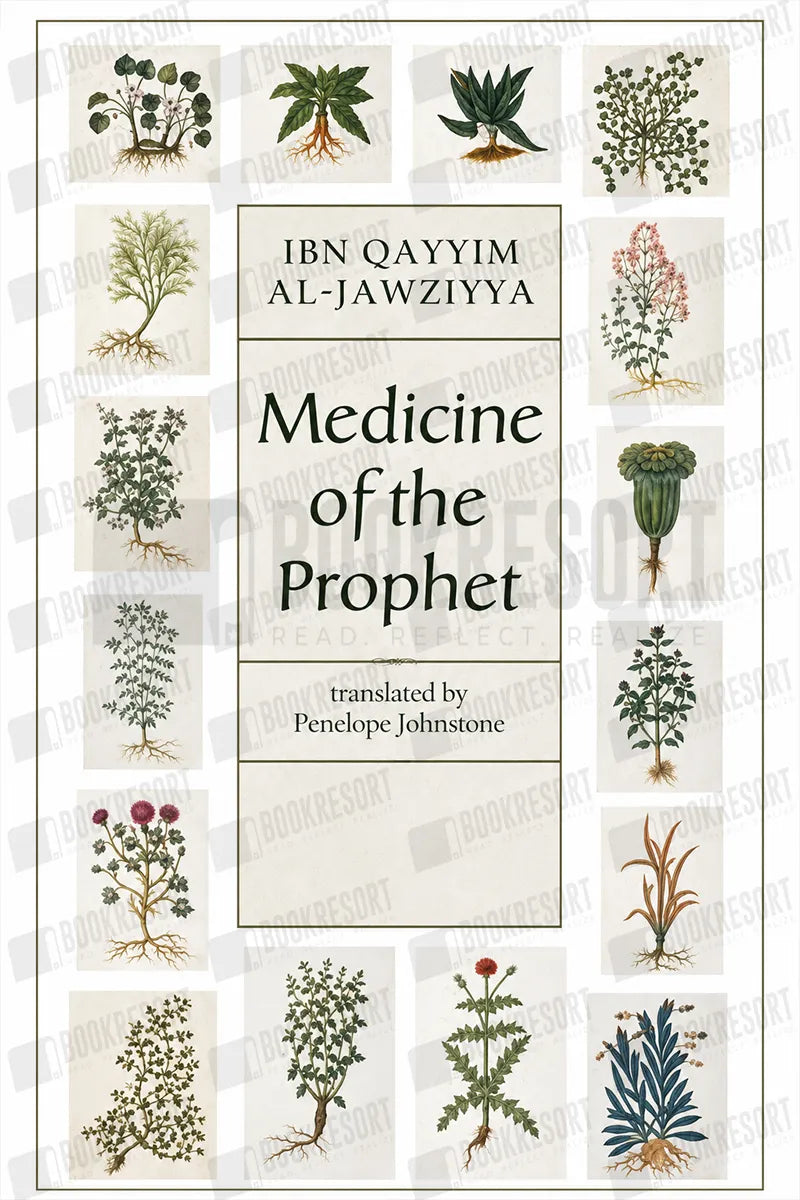 Book cover for 'Medicine of the Prophet' by Ibn Qayyim Al-Jawziyya, featuring a central cream-colored title block surrounded by a border of vintage botanical illustrations on a white background with diagonal watermark text.