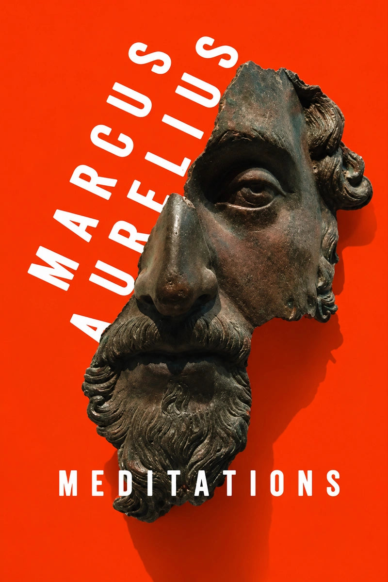 Book cover for 'Meditations' by Marcus Aurelius, featuring a dark bronze classical bust on a bright red background with white text.