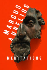 Book cover for 'Meditations' by Marcus Aurelius, featuring a dark bronze classical bust on a bright red background with white text.