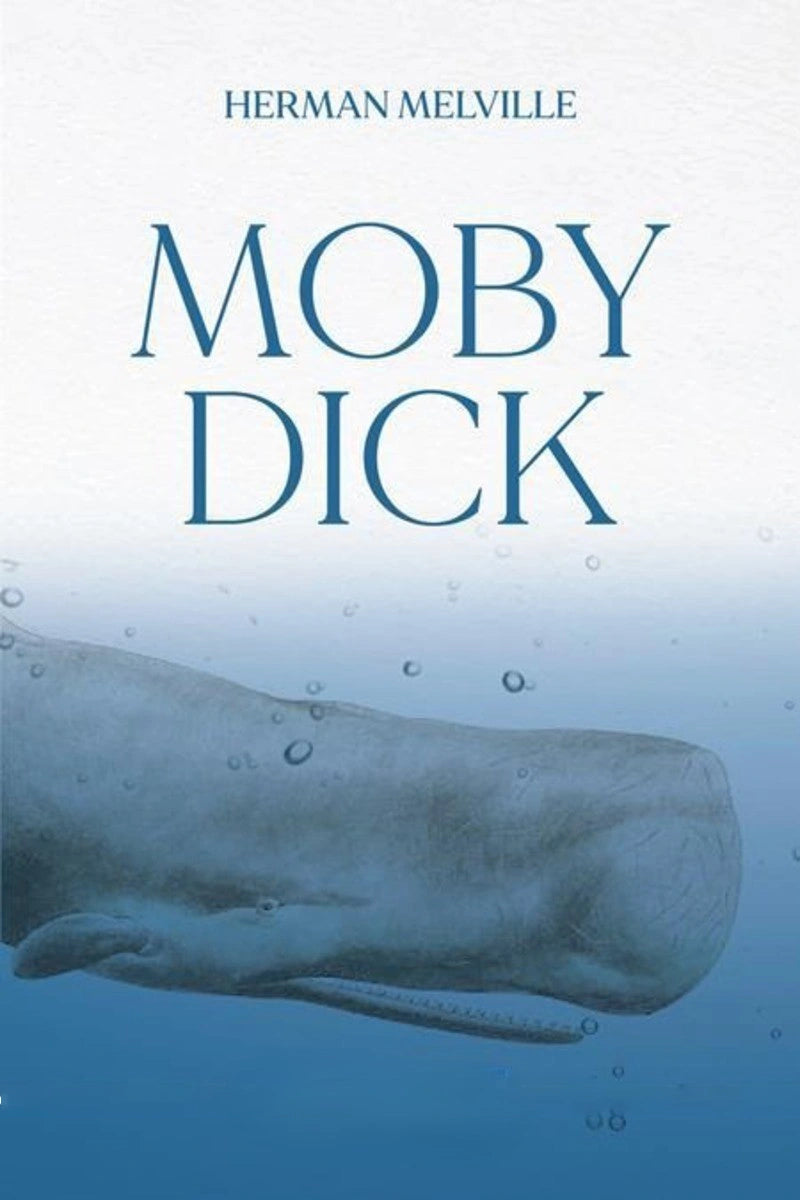 Book cover for Herman Melville's 'Moby Dick' featuring a large gray whale swimming underwater against a blue gradient background, with the title in large blue serif text and the author's name at the top.