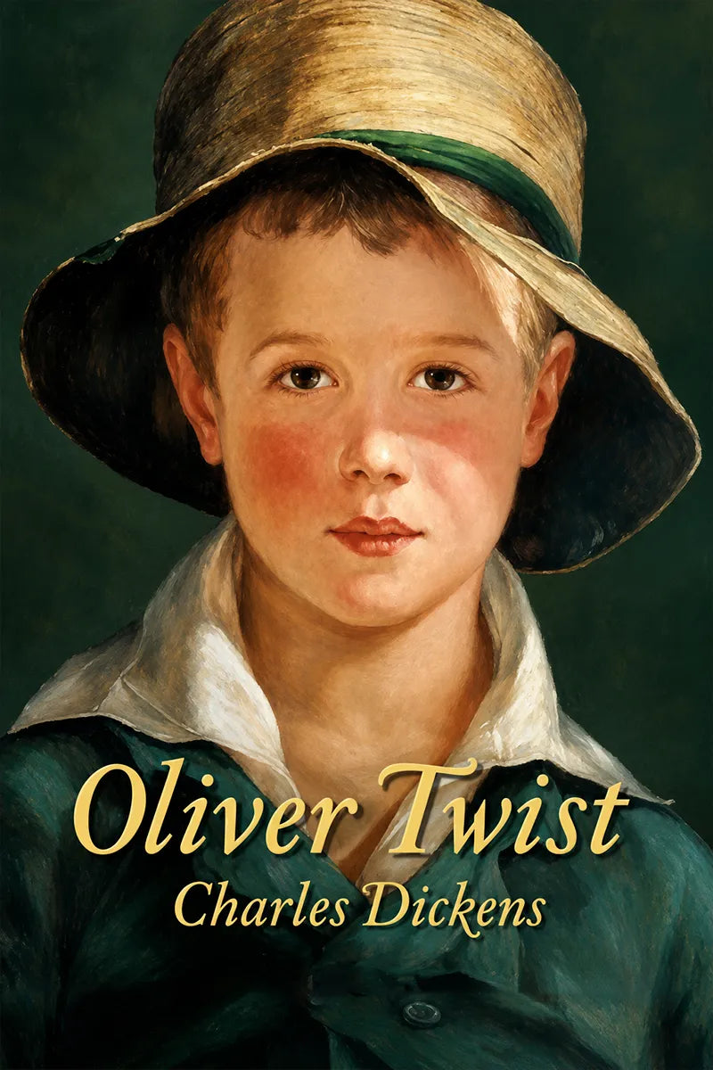 Book cover for 'Oliver Twist' by Charles Dickens, featuring a painted portrait of a young boy wearing a wide-brimmed straw hat and dark green coat against a dark green background.