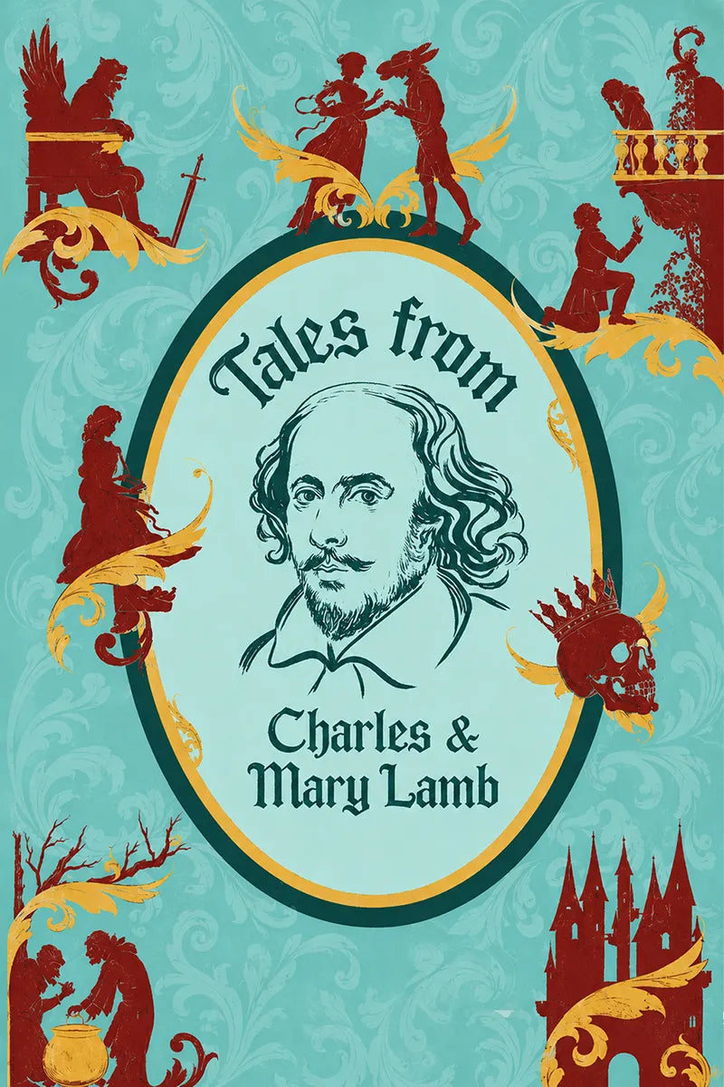 Book cover for 'Tales from Charles & Mary Lamb' featuring a central oval with a black line drawing of William Shakespeare on a light aqua background, surrounded by decorative red and gold silhouettes on a matching aqua patterned backdrop.