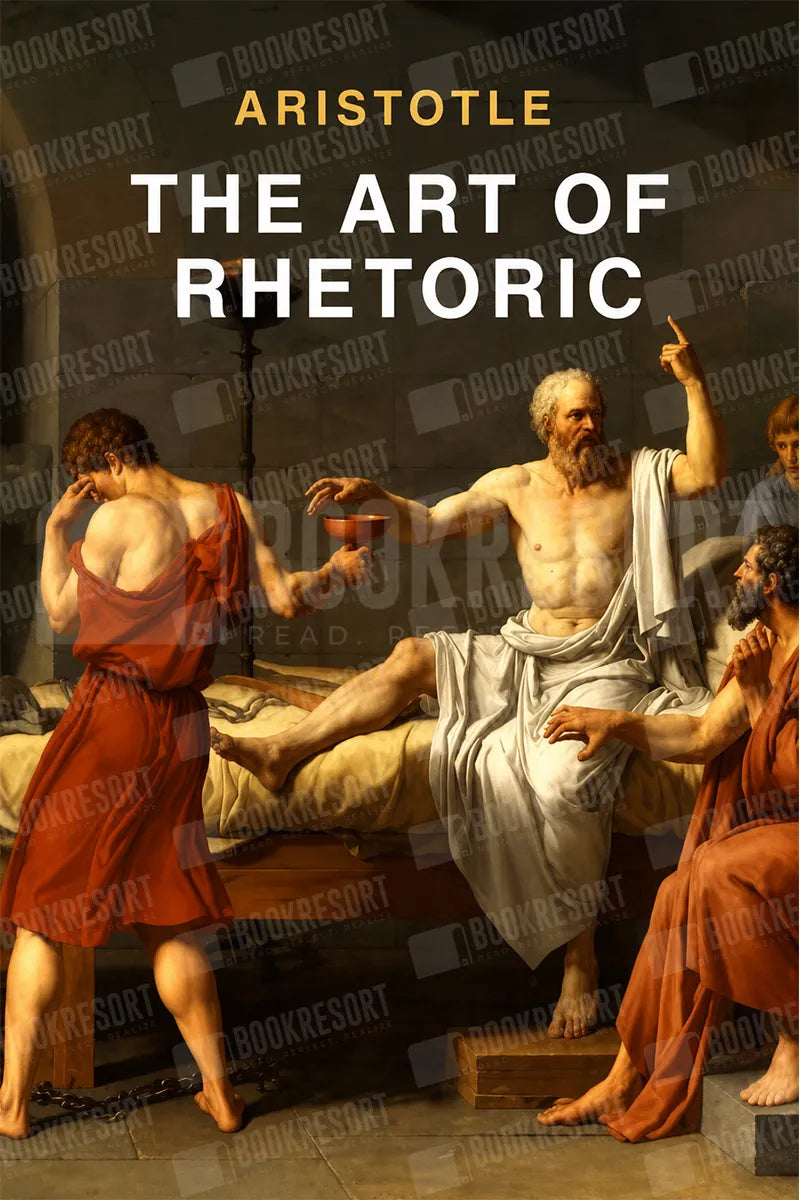 Book cover for 'The Art of Rhetoric' by Aristotle, featuring a classical painting of three ancient figures in draped robes around a bed, with the title and author name in text at the top. A repeated 'BOOKRESORT' watermark is visible across the cover.