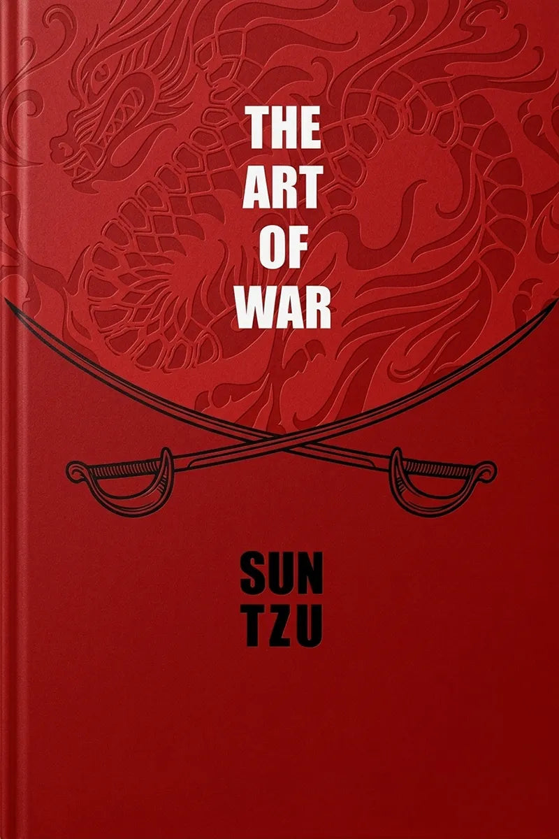 The front cover of a book titled 'THE ART OF WAR' with the author name 'SUN TZU' below. The cover is predominantly red with a subtle dragon pattern, black crossed swords, and white and black text.