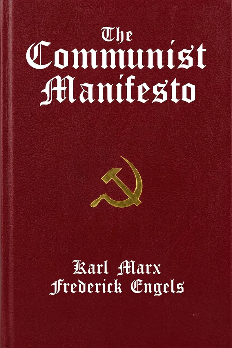The Communist Manifesto book cover in dark red with white gothic title text, a gold hammer and sickle emblem, and the authors' names Karl Marx and Frederick Engels at the bottom.