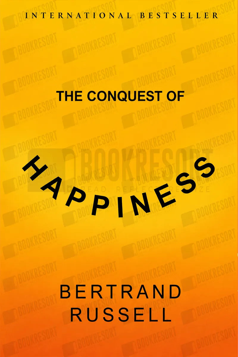 Book cover for 'The Conquest of Happiness' by Bertrand Russell, featuring a bright yellow-to-orange gradient background with black text and a faint repeated watermark pattern.