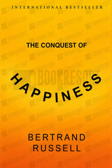 Book cover for 'The Conquest of Happiness' by Bertrand Russell, featuring a bright yellow-to-orange gradient background with black text and a faint repeated watermark pattern.