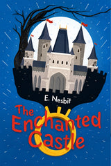 Book cover for 'The Enchanted Castle' by E. Nesbit, featuring a stylized illustration of a castle under a full moon with a large golden ring at the bottom, set against a blue starry background.