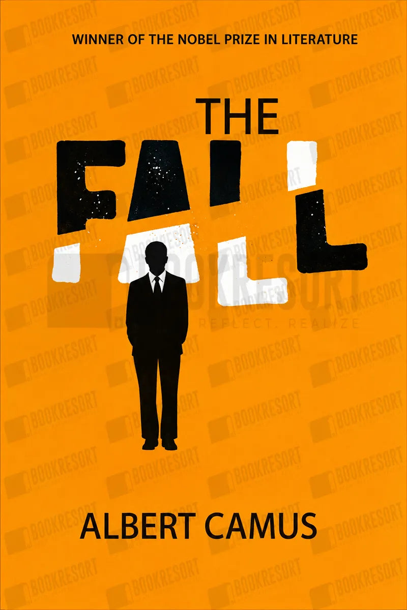 Book cover for 'The Fall' by Albert Camus, featuring a bright orange background with the title in large black and white block letters and a black silhouette of a suited figure standing in the center.