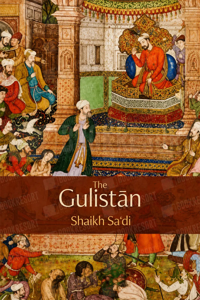 Book cover for 'The Gulistán' by Shaikh Sa'di, featuring a detailed traditional Persian miniature painting of a court scene with figures in ornate robes and a central title banner.