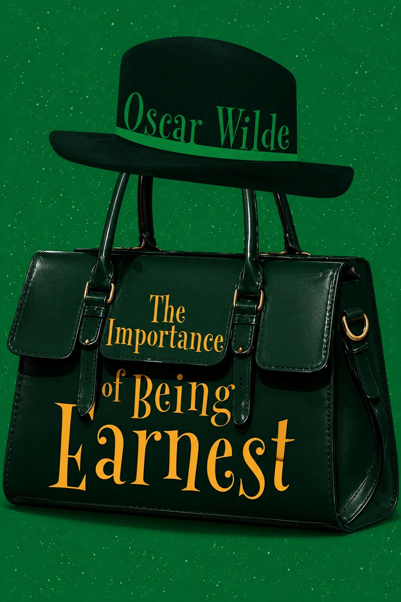 Book cover for 'The Importance of Being Earnest' by Oscar Wilde, featuring a dark green handbag and matching hat on a textured green background, with the title in gold lettering.