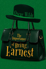 Book cover for 'The Importance of Being Earnest' by Oscar Wilde, featuring a dark green handbag and matching hat on a textured green background, with the title in gold lettering.