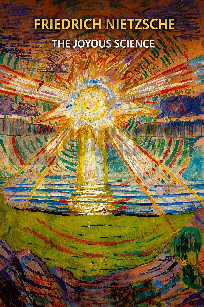 Book cover for Friedrich Nietzsche's 'The Joyous Science' featuring a vibrant, impressionistic painting of a bright sunburst over green hills and blue water, with the title in bold yellow and white text at the top.