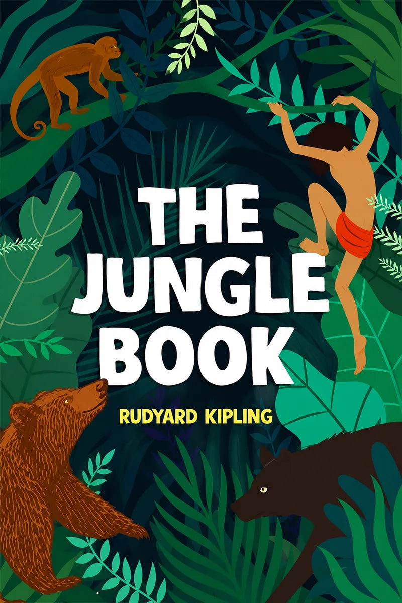 Illustrated book cover for 'The Jungle Book' by Rudyard Kipling, featuring large white title text over a dark tropical jungle scene with a monkey, bear, cat, and a human figure among green leaves.