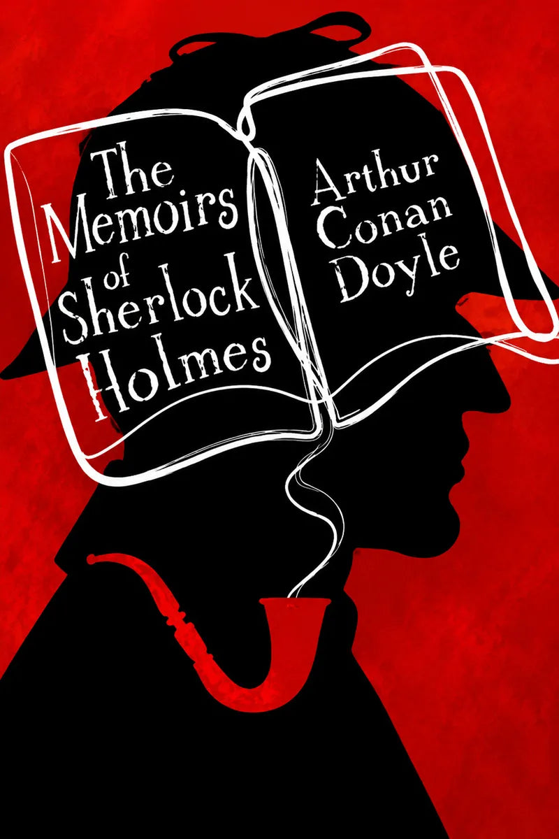 Book cover for 'The Memoirs of Sherlock Holmes' by Arthur Conan Doyle, featuring a black silhouette of Sherlock Holmes in profile against a textured red background, with an open white-outlined book covering his face and the title and author text on the pages.