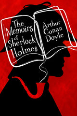 Book cover for 'The Memoirs of Sherlock Holmes' by Arthur Conan Doyle, featuring a black silhouette of Sherlock Holmes in profile against a textured red background, with an open white-outlined book covering his face and the title and author text on the pages.