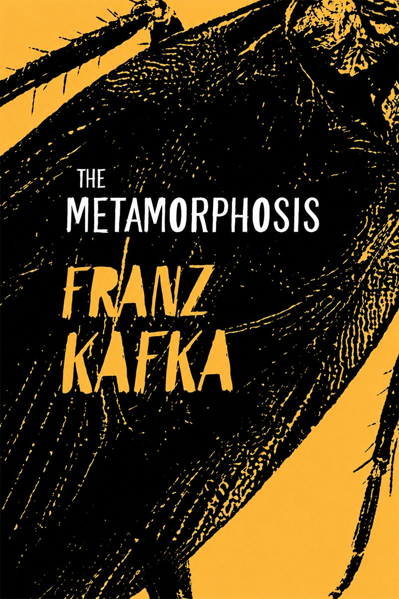 Book cover for 'The Metamorphosis' by Franz Kafka, featuring a bold yellow and black graphic design with stylized text over an insect-like illustration.