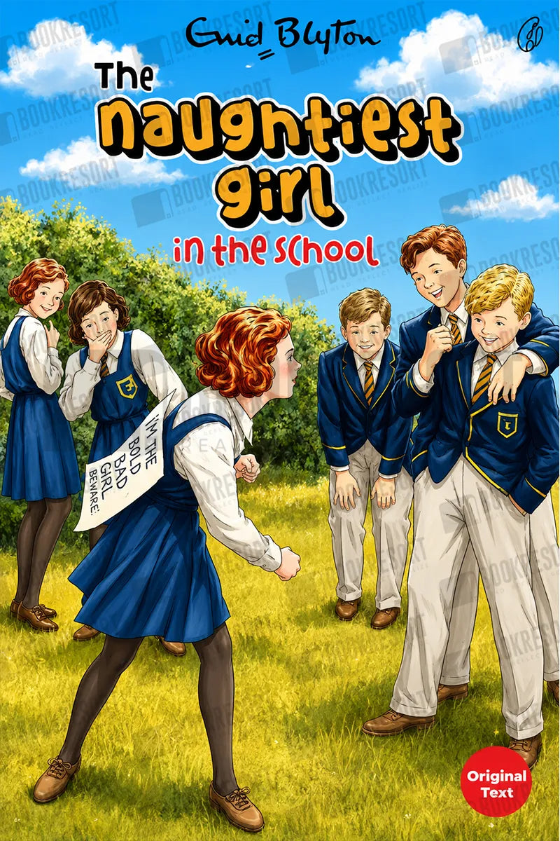 Book cover for 'The Naughtiest Girl in the School' by Enid Blyton, featuring illustrated schoolchildren in blue uniforms outdoors on a grassy field under a blue sky.