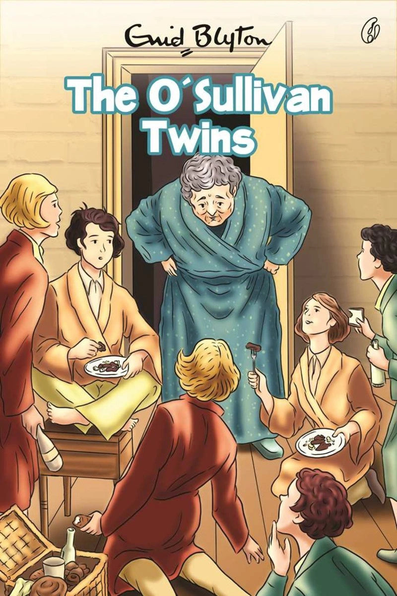 Book cover for 'The O'Sullivan Twins' by Enid Blyton, featuring an illustrated scene of a family gathering with an older woman in a blue robe standing in a doorway and several children and adults in warm-toned clothing around a table.