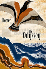 Illustrated book cover for Homer's The Odyssey, featuring a stylized flying bird in black, orange, and cream tones above blue and orange waves, with the title and author name in black text.