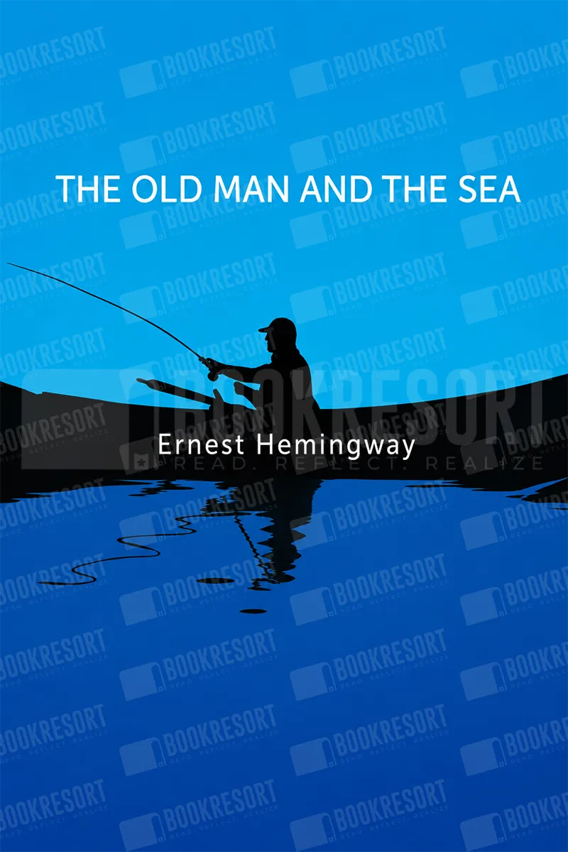 Book cover for Ernest Hemingway's 'The Old Man and the Sea' featuring a black silhouette of a fisherman casting a line into a deep blue ocean under a bright blue sky, with the title and author name in white text. A repeating 'BOOKRESORT' watermark is visible across the cover.