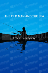 Book cover for Ernest Hemingway's 'The Old Man and the Sea' featuring a black silhouette of a fisherman casting a line into a deep blue ocean under a bright blue sky, with the title and author name in white text. A repeating 'BOOKRESORT' watermark is visible across the cover.