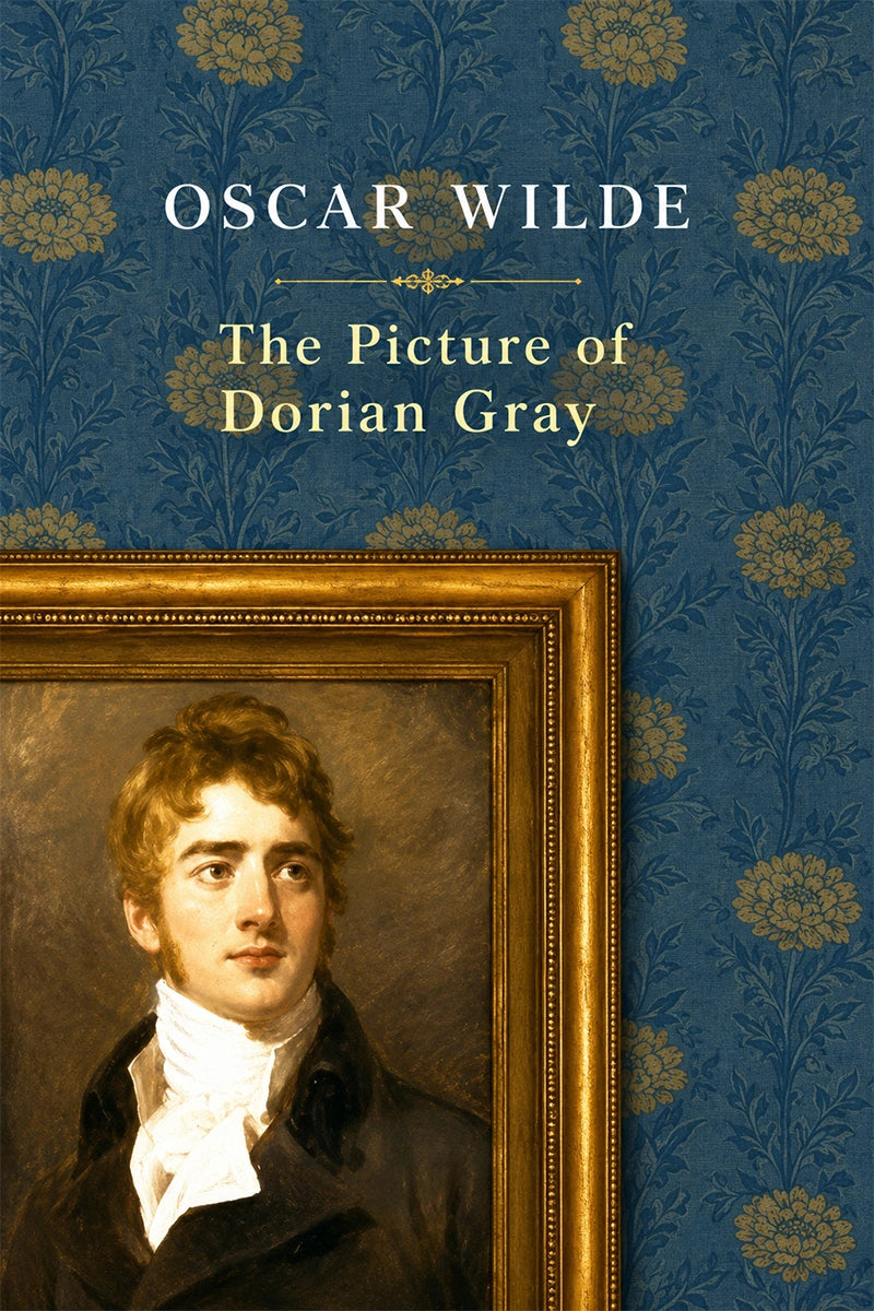 Book cover for 'The Picture of Dorian Gray' by Oscar Wilde, featuring a portrait of Dorian Gray in a gold frame against a blue floral wallpaper background.