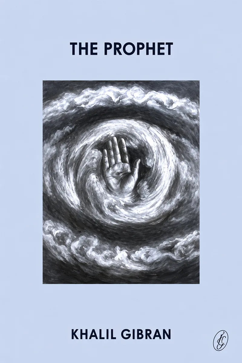 Book cover for 'The Prophet' by Khalil Gibran, featuring a central black-and-white illustration of a hand emerging from swirling clouds, set against a light blue background.
