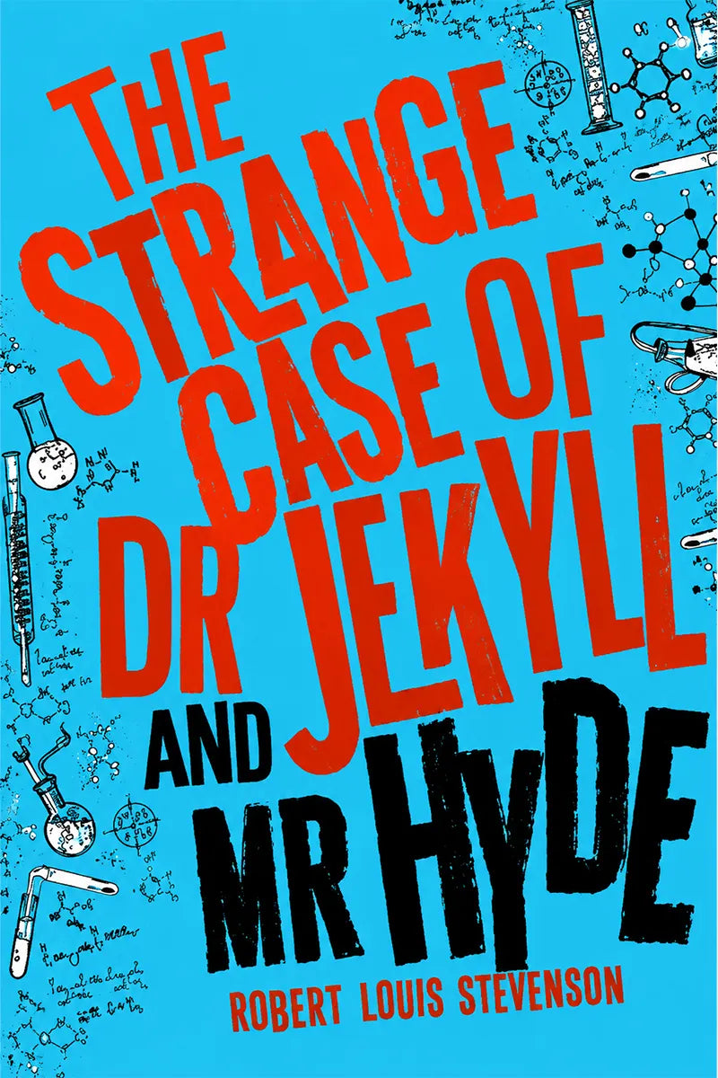 Book cover for 'The Strange Case of Dr Jekyll and Mr Hyde' by Robert Louis Stevenson, featuring a bright blue background with large red and black title text and small scientific illustrations around the edges.