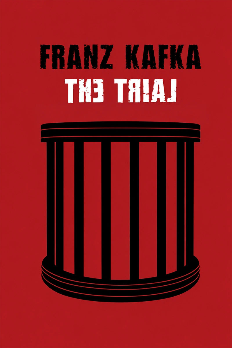 Book cover for 'The Trial' by Franz Kafka, featuring a bold red background with black and white text and a black barred cage-like graphic in the center.