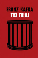 Book cover for 'The Trial' by Franz Kafka, featuring a bold red background with black and white text and a black barred cage-like graphic in the center.