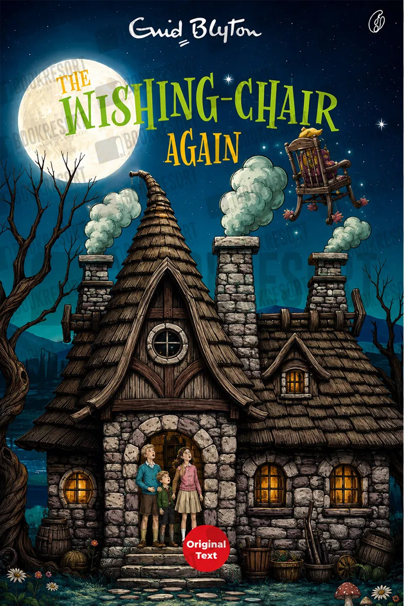 Book cover for 'The Wishing-Chair Again' by Enid Blyton, featuring a whimsical stone cottage under a full moon with two children standing in the doorway and a wooden chair floating above.