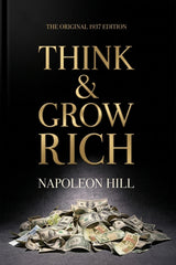 Book cover for 'Think & Grow Rich' by Napoleon Hill, featuring large gold title text on a black background with a pile of U.S.