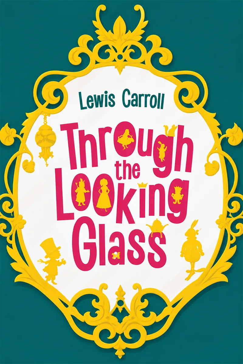 Book cover for 'Through the Looking Glass' by Lewis Carroll, featuring a white central panel with bold pink title text, yellow decorative border, and teal background.