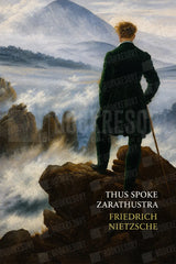 Book cover for 'Thus Spoke Zarathustra' by Friedrich Nietzsche, featuring a classical painting of a figure in a dark coat standing on rocks and gazing at misty mountains and clouds, with the title and author text at the bottom.