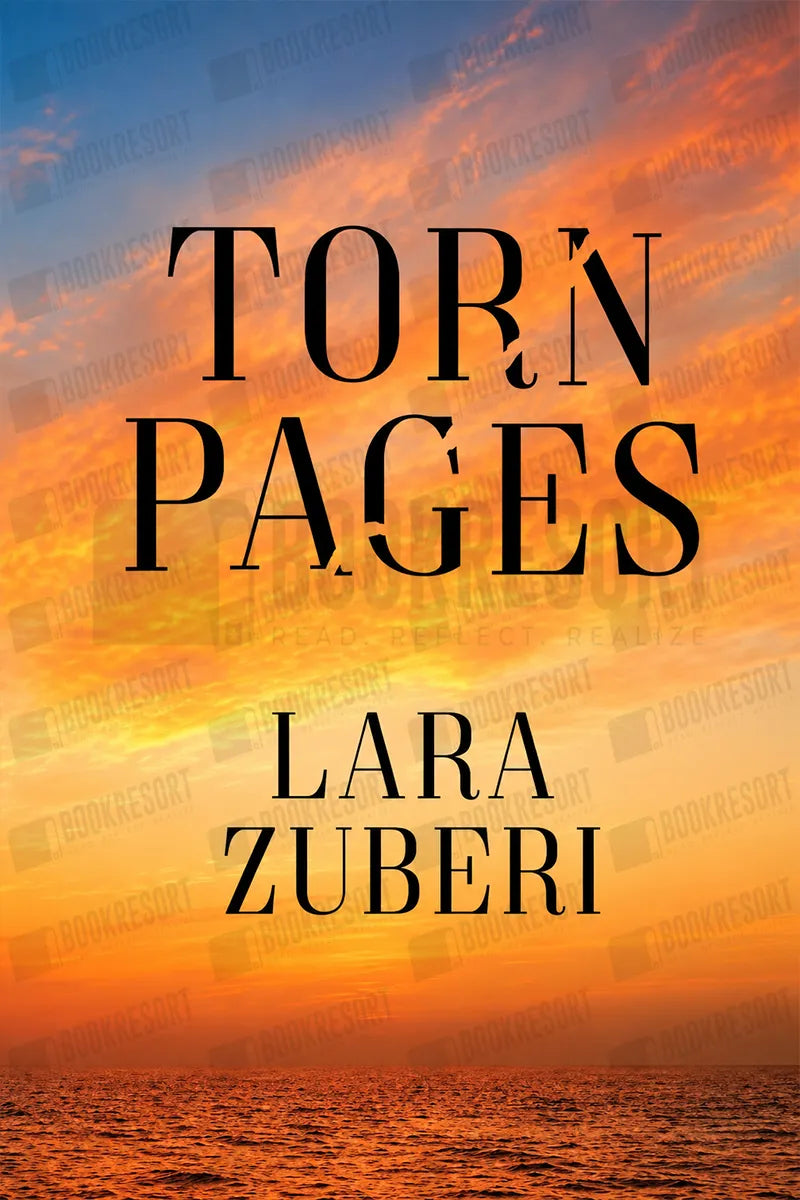 Book cover for 'Torn Pages' by Lara Zuberi, featuring a dramatic orange and yellow sunset sky over water with large black title and author text overlaid.