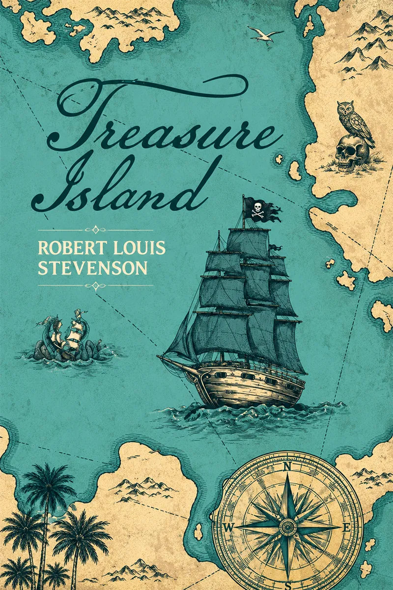 Book cover for 'Treasure Island' by Robert Louis Stevenson, featuring an illustrated vintage treasure map design in teal and beige with a sailing ship, compass rose, palm trees, and a skull-and-crossbones motif.