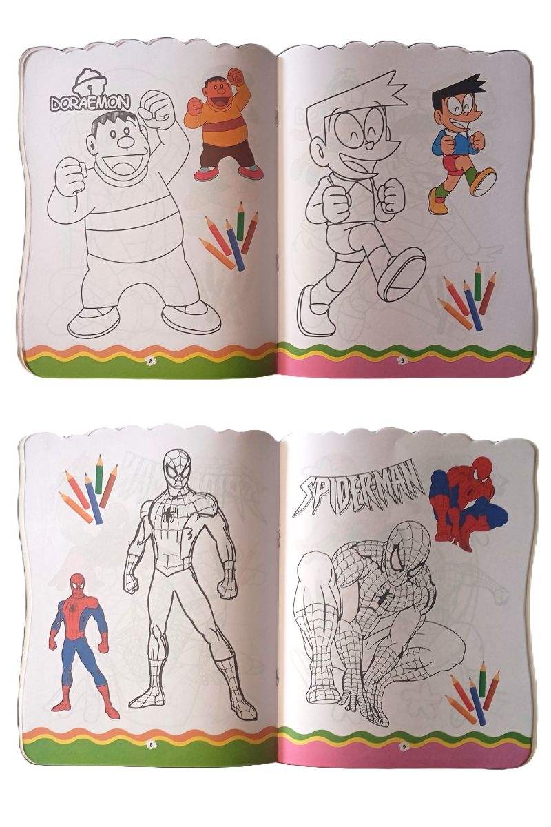 Coloring book with illustrations of cartoon characters doremon  and Spider-Man, open to two pages.