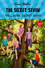 Book cover for 'The Secret Seven: Well Done, Secret Seven' by Enid Blyton, featuring an illustration of seven children sitting on a large tree trunk in a lush green forest.