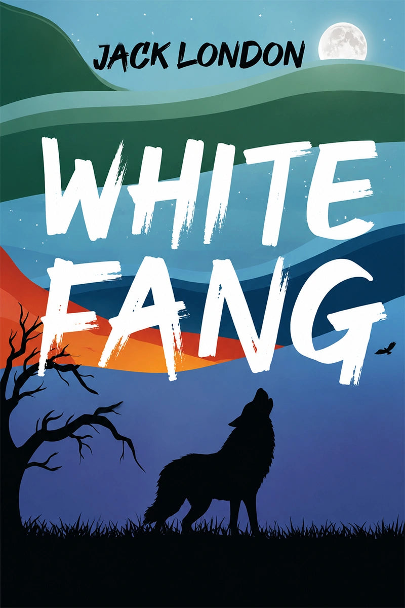 Book cover for 'White Fang' by Jack London, featuring a stylized wolf silhouette howling at a full moon over a dark landscape, with large white title text across layered blue, green, orange, and black scenic bands.