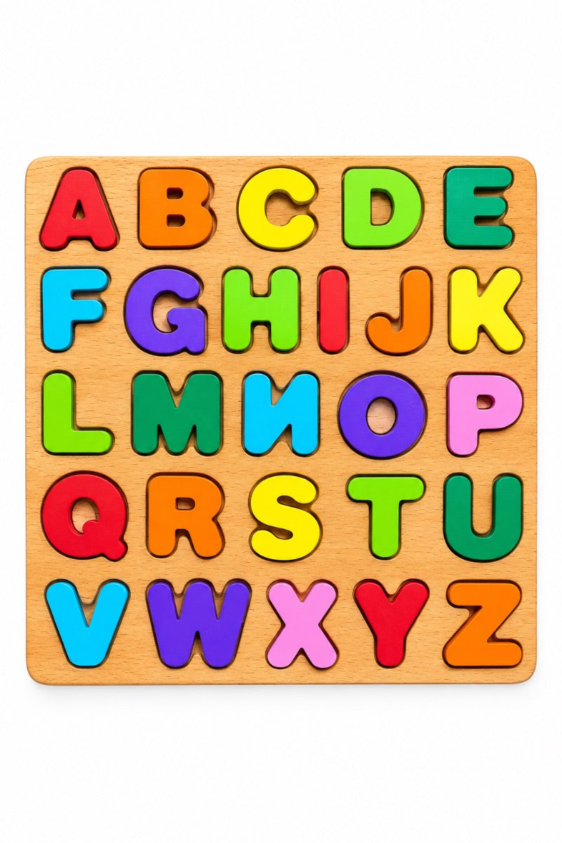A wooden english alphabet puzzle board with colorful alphabet letters arranged in a grid on a light wood background, photographed against a plain white background.
